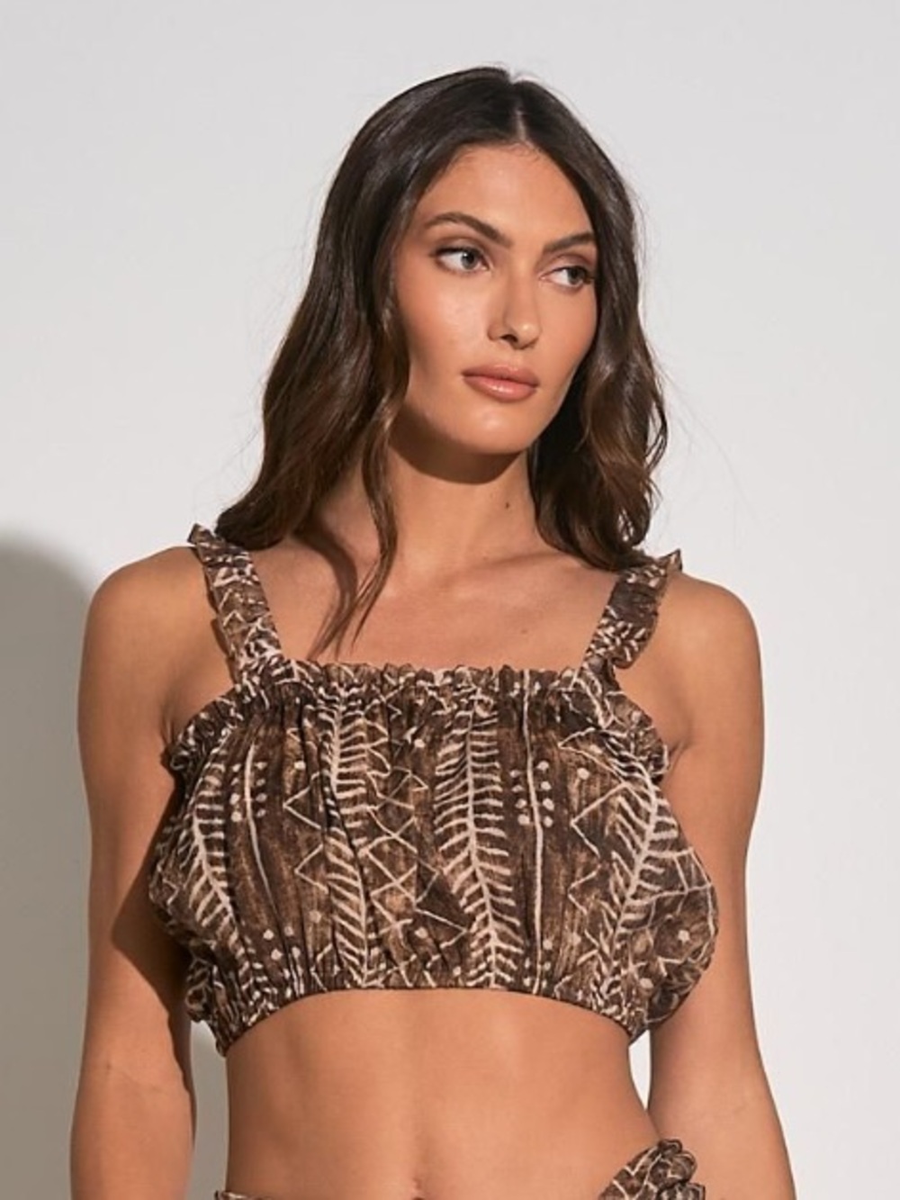Elan Brown Printed Cropped Tank with Ruffled Straps